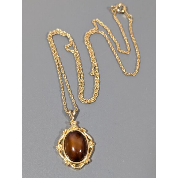 Vintage Avon Faux Tigers Eye Cabochon Pendant Necklace Gold Tone 18" - Picture 3 of 10